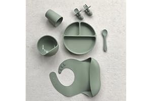 Minifolk Complete Baby Weaning Set | 6 Piece Silicone Baby Feeding Set | Suction Plate | Suction Bowl | Toddler Tableware Set (Thyme)