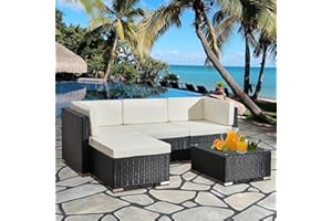 Aweather 5 Piece Rattan Garden Furniture Outdoor Rattan Corner Sofa Set, With Glass Coffee Table, for Garden, Poolside, Backyard