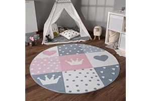 Paco Home Tapis Chambre Enfant Bebe Fille Garcon Antidérapant Arc-en-Ciel Coeur Pois, Dimension:120 cm Rond, Couleur: Crème Rose Gris