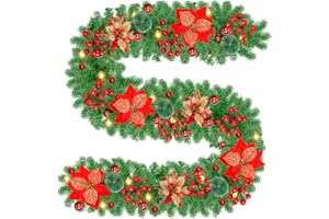 NAMOUK Guirlande Noël, 2,7 m Decoration Noël Guirlande Sapin Artificiel avec Lumières LED, Fleurs, Boules, Baies Rouges, Christmas Decorations Interieur Maison Porte d'entrée/Cheminée/Escalier/Fenêtre/Arche