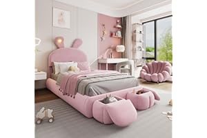 ‎JOVIFY Polsterbett 90x200 cm, Kinderbett mit 2 Aufbewahrungshockern und LED-Nachttischbeleuchtung, ausklappbare Hasenohren, LED Bettgestell für Mädchen, Jugendbett mit Lattenrost, Samt, Rosa, ohne Matratze