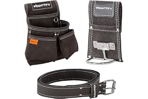 WrightFits Leather Tool Belt Pouch with Multi Pockets | Hammer Loop Drill Holster Work Tool Organiser & Storage with Belt | Adjustable Waist for Carpenters, Gardeners, Builders, Electricians