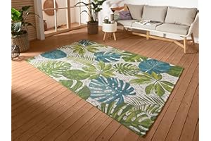 ‎HANSE HOME Hanse Home Tropical Leaves Indoor & Outdoor Rug - Flatweave Outdoor Rug, Jungle Palm Trees Leaves Design, Oeko-Tex Weatherproof & UV-Resistant for Balcony, Patio, Garden - Turquoise Green, 120 x 180