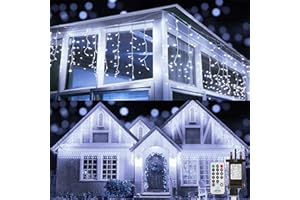 Moxled Icicle Outdoor Christmas Lights - 9M/29.52ft 360 LED White Icicle Lights Mains Powered with Remote, Timer Memory Function, Waterproof 8 Modes Fairy Lights for Indoor Outdoor Xmas Decorations