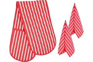 HouseGads Oven Gloves Double & Kitchen Towels 100% Cotton Kitchen Accessories - Heat Resistant Gloves - Absorbent Tea Towels Machine Washable Oven Mitt - Oven Gloves Heat Resistant (Red)