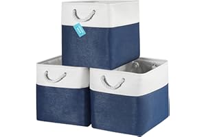 OrganiHaus Fabric Storage Boxes, Set of 3 Foldable 33X33 Cube Organiser Bins with Rope Handles for Shelves, Nursery & Closet, Collapsible Storage Baskets for Toys, Clothes & More - Navy Blue/Off-White