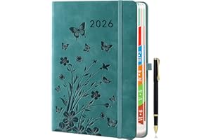 HWXBEN Agenda 2026 Journalier A5 – Une Page par Jour Janv.-Déc., Planificateur Quotidien et Mensuel, Onglets Colorés, Design Floral, Porte-stylo Élastique, Couleur Sarcelle