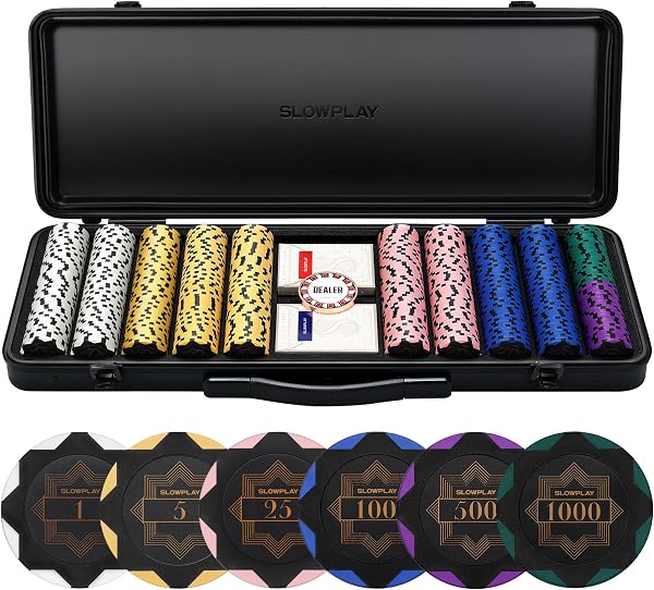 SLOWPLAY Set di fiches da poker Nash in argilla, 14 g, edizione Black Gold, Full Set da 500 pezzi | Fiches numerate 1, 5, 25, 100, 500, 1000 | Valigetta premium con scocca resistente in policarbonato - 1