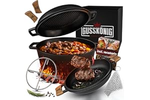 GUSSKÖNIG cocotte hierro fundido – Cocotte pre-curada de 4,8L y sartén de 1,8L. Set 2-en-1 con doble función para estofar, incluye recetario y accesorios para BBQ, camping y cocina