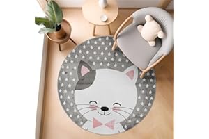 ‎SIMPEX SIMPEX Teppich Kinderzimmer Rund Katzen Muster Rose Kurzflor Kinderteppich mädchen Spielteppich Eulen Design Babyzimmer Teppiche für Junge und Mädchen Extra Weich und Antiallergen Größe: 160 cm Rund