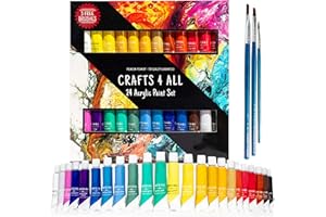 Crafts 4 ALL Acrylfarbe Set 24x12ml mit 3 Pinsel - Acrylic Paint für Papier, Leinwand, Handwerk, Holz, Keramik & Stoff. Nicht-toxisch Farben mit Lebendiger - Ideal für Anfänger, Studenten & Künstler