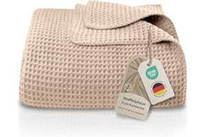 LAYNENBURG Koc bawełniany o strukturze waflowej, 220 x 240 cm, Öko-TEX 100, mieszanka bawełny, koc do przytulania, jako koc do mieszkania, na sofę, koc na kanapę, przytulny, ciepły, z bawełny (beżowy)