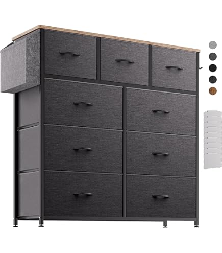 YITAHOME Brede ladekast met 7 laden, stoffen dressoirs met gemakkelijk trekhandvat, stevig stalen frame, opbergladen voor slaapkamer, kast, houtskoolzwarte houtnerf