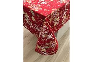1KDreams Tovaglia Natalizia. Sfondo rosso palline stelle e foglie oro. Design Classico in chiave Moderna. (130x240 cm)