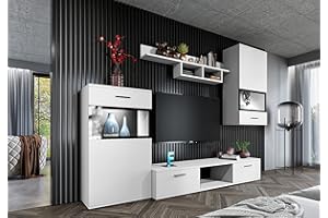 Furnix Wohnwand Wohnzimmer Amadao ohne LED - Schrankwand Wandschrank 4-TLG Komplett-Set - Vitrine, Fernsehschrank, Hängeschrank, Hängeregal - Mediawand mit viel Stauraum - Farbe Weiß