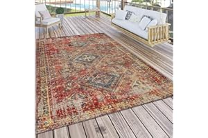 Paco Home Alfombra de Exterior, Terraza, Roja, Balcón Diseño Oriental, Robusto Resistente a la Intemperie, tamaño:Ø 160 cm Redondo