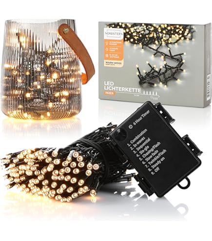 Lichtsnoer, 2 x 10 m, 100 leds, werkt op batterijen, waterdicht, voor buiten, binnen, lichtsnoer met timer en 8 programma's voor tuin, bruiloft, feest, Kerstmis, warm wit