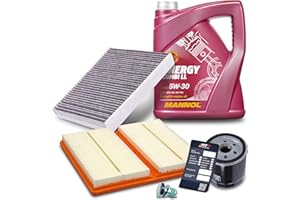 BESTPRICE Inspektionspaket Filterset mit 1x Ölfilter; 1x Innenraumfilter (Aktivkohle); 1x Luftfilter; 5l Motoröl 5W-30 MANNOL ENERGY COMBI LL; 1x Ölablassschraube; 1x Ölablassschraube