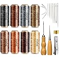 FEPITO 21pcs Leather Waxed Thread 8 Color 264 Yards 150D Leather Sewing Waxed Thread Cord with Leather Craft Hand Tools Kit for DIY Sewing Craft