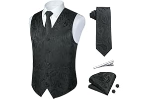 Rithern Herren Weste Paisley Floral Jacquard Seide Krawatte Einstecktuch Taschentuch Set mit Manschettenknöpfen und Krawattenklammer Set für Hochzeitsfeier Anzug Weste Set
