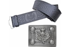 KILT MANIA Leather Kilt Belt and Buckle Set, Scottish Thistle Embossed Belt with Silver Antique Celtic Knot Buckles Crafted Pewter – Kilt Belts For Men