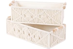 OUTBROS Makramee Aufbewahrungskörbe, Boho Dekor gewebte Körbe mit Griff, Dekorative Arbeitsplatte Toilettentank Regal Schrank Organizer für Schlafzimmer Kinderzimmer Wohnzimmer 2er Set, Elfenbein