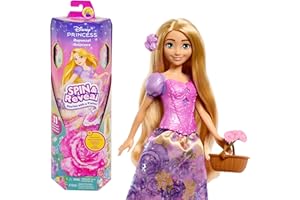 Mattel Disney Księżniczka Roszpunka Lalka „Zakręć i odkryj” Zestaw do zabawy z niespodziankami, w tym 5 akcesoriami, 5 naklejkami i tłem do zabawy, inspirowany filmem Disneya „Zaplątani”, HTV86