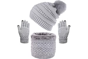 CheChury Cappelli Invernali Sciarpa Donna Invernale Berretto a Maglia con Sciarpa Beanie Collo della Ciarpa Guanti Touch Screen all'aperto Jogging Sci, 3 Pezzi