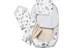 Medi Partners 5el. Kokon Niemowlęcy 100x60x15cm Wyjmowana Wkładka Kocyk Płaska Poduszka Rożek Łóżeczko 100% Bawełna (Miętowe Zoo)