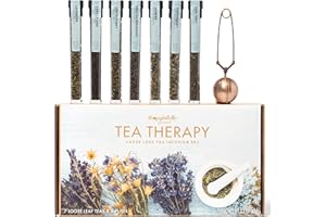 Thoughtfully Gourmet, Tea Therapy Infusion Gift Set, 7 Unique Flavors and Reusable Copper Ball Infuser, Loose Leaf Tea Set Flavors Include Peppermint, Jasmine, Vanilla Chai and More, Set of 7