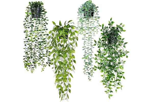 ADORAMOUR Konstgjorda hängande växter med krukor, set med 4 falska hängande växter, fuskeukalyptus, peapod, grå eukalyptus och mandala vinstockar för inomhus, utomhus, rum, vägghylla, badrum