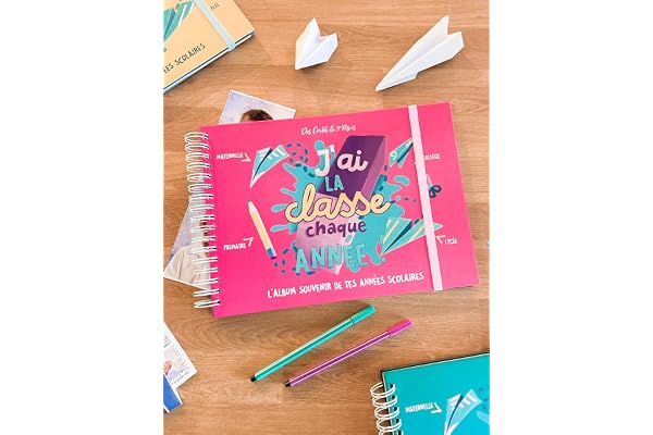 Album photo de classe et souvenirs d'école - Maternelle, primaire, collège et lycée - 76 pages au design ludique avec BONUS brèves éducatives (Rose)