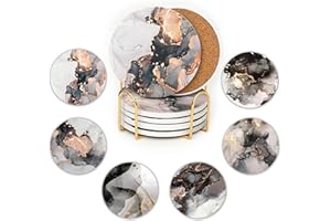 JJ PRIME - Juego de 6 Posavasos de cerámica | Posavasos Absorbentes con Soporte | Posavasos para Bebidas con Base de Corcho, Posavasos de Vidrio Antideslizantes y antiarañazos (Mármol Negro)