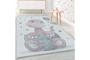 HomebyHome Tappeto per Bambini Tappeto Cameretta Bambino Disegno Dino Rosa 80x150 cm - Tappeto Pelo Corto Tappeto Camera Ragazzo - Tappeto Camera dei bambini Sala giochi Tappeto Cameretta Bambina