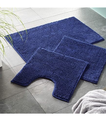 ACCUMTEK Set 3 Tappetini Da Bagno Ciniglia Blu Guscio D'Uovo, Morbidi, Assorbenti E Antiscivolo