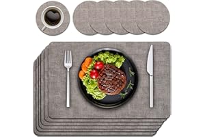 Purejoy Placemats and Coaster Sets 6, Christmas Table Mats PU Leather Heat-Resistant Washable and Non-Slip 43 * 30 cm Dinner Table Mats Set of 6 for Kitchen Mat Table Indoor (Light Grey)