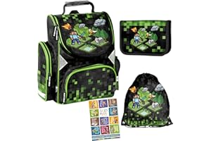 GOLDKIDS Schulranzen Set Game Pixel ergonomischer Ranzen Federmappe Turnbeutel Aufgabenheft für die Grundschule 4er Set. Geeignet ab der ersten Klasse der Grundschule.