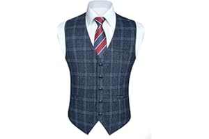 HISDERN Men's Check Waistcoats Formal Classic Plaid Waistcoat Wedding Casual Tartan Suit Vest with pockets