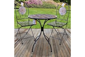 Marko Outdoor 3PC Mosaic Bistro Sets Round Table Folding Chairs Outdoor Garden Patio Cafe Furniture Al Fresco Dining (Santa Cruz)