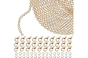 Kurtzy Cadena de Eslabones Dorada para Hacer Joyas 10 m x 1,5 mm Cadenas para Collares de Hierro, 30 Pinzas de Langosta y 30 Anillas Abiertas - Kit para Hacer Pulseras, Colgantes, Hombre y Mujer