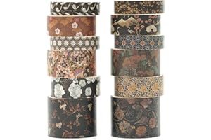 KAVI' S 12 Rollos Kyoto Washi Tape Set cinta adhesiva decorativa Washi Glitter Adhesivo de Cinta Decorativa para DIY Crafts Scrapbooking (Black Elegance)