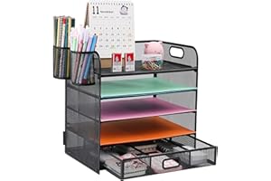 VIKMYER 5 Tray Desk Organizer with Drawer, Mesh Desk File Organizer with Handle, Paper Sorter Organizer for Letter/A4 Office File Folder Holder(2 Pen Holder)