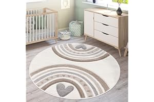Paco Home Nursery Area Rug Kids Rug For Bedroom Girls Boys Blush 3D Modern Rainbow Heart Beige Cream Grey, Size:Ø 160 cm round