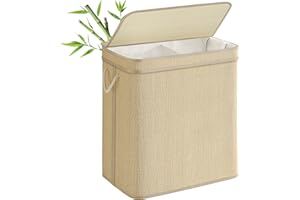 SONGMICS Panier à Linge en Bambou 2 Compartiments, Corbeille à Linge Sale, 130 Litres, Sac Amovible et Lavable en Machine, Couvercle, Poignées, Buanderie, Chambre, Salon, Couleur Naturelle LCB068Y01