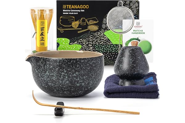 TEANAGOO Matcha Kit (7 pièces) Ensemble de fouet à matcha Bol à matcha avec bec Fouet à matcha en bambou (chasen) Cuillère (chashaku) Support pour. N17