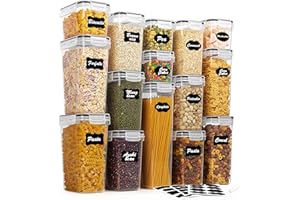 Vtopmart 15PCS Plastic Airtight Food Storage Container with Lids, Kitchen Storage & Organization for Cereal, Spaghetti, Flour and Sugar, BPA Free, Includes 24 Labels