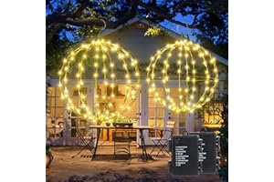 iBaycon Outdoor Christmas Lights Battery Operated,Hanging Ball Lights Warm White with Flash Beads,Foldable Sphere Timer Waterproof Decorations LED Fairy Lights,Garden Party House (33cm+28cm,2 Pack)