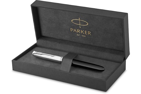 Parker 51 stylo plume | Corps noir et attributs chromés | Plume fine | Cartouche d'encre noire | Livré dans son écrin