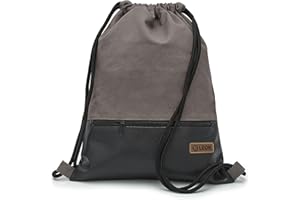 By Bers LEON Turnbeutel, große Reißverschluss Außentasche, Innentaschen Innenfutter Rucksack Tasche Damen Männer Hipster Beutel Veganes Leder Gym Bag Draw String (Grau_Schwarz_PU)