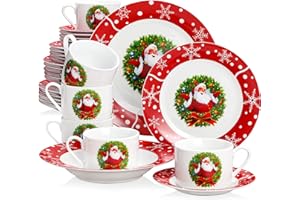 VEWEET, Series SANTACLAUS, 30-Piece Dinner Set Porcelain Tableware Set, Dinnerware Combination Service Set for 6 Person, with Cup Saucer Dessert Plate Soup Plate and Dinner Plate, Christmas Holiday